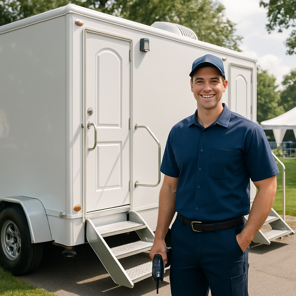 Restroom attendants managing portable toilets and trailers for Greensboro events